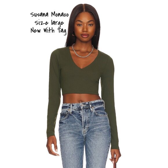 Susana Monaco Long Sleeve Crop Top Hunter Green Size Large New with Tag - Picture 1 of 6